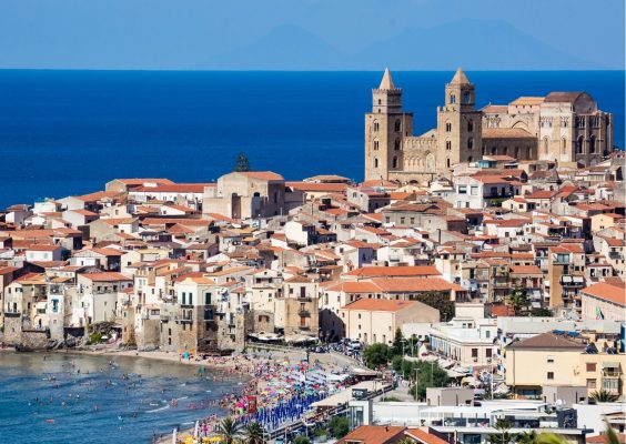 Coastal town of Cefalù with its cathedral overlooking the Tyrrhenian Sea